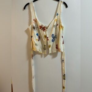 Cream and Blue Tie Front Crop Tank Top